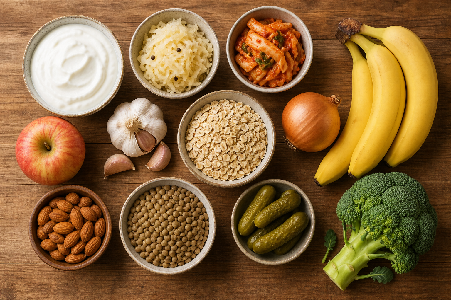 Overhead editorial still life related to 10 Everyday Foods That Are Secretly Great for Your Gut on a warm wooden surface