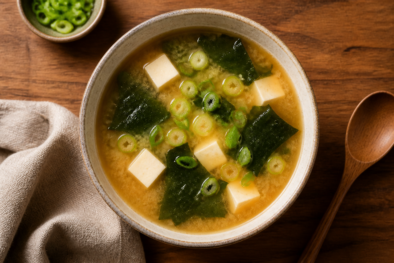 Overhead shot of 10-Minute Miso Soup plated appetizingly in a ceramic bowl