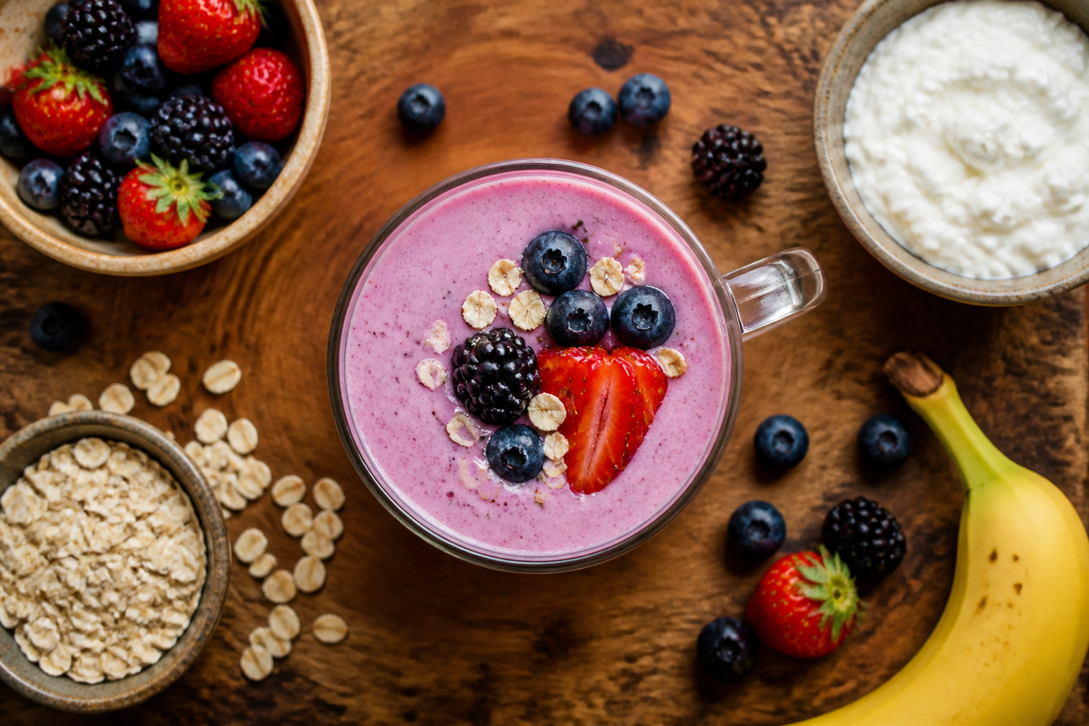 Overhead shot of 2-Minute Kefir Berry Smoothie plated appetizingly in a tall glass or mug