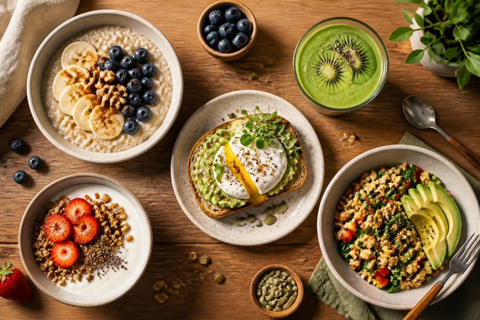Overhead editorial still life related to 5 Fast Breakfast Ideas for a Happier Gut on a warm wooden surface