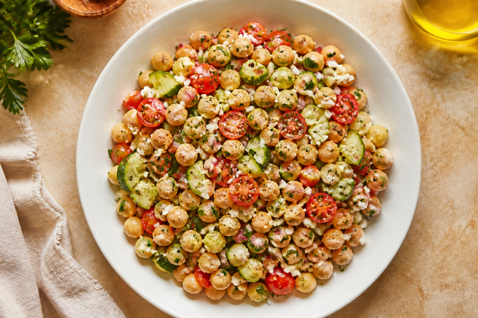 Overhead shot of 5-Minute Chickpea Salad plated appetizingly in a wide clean plate