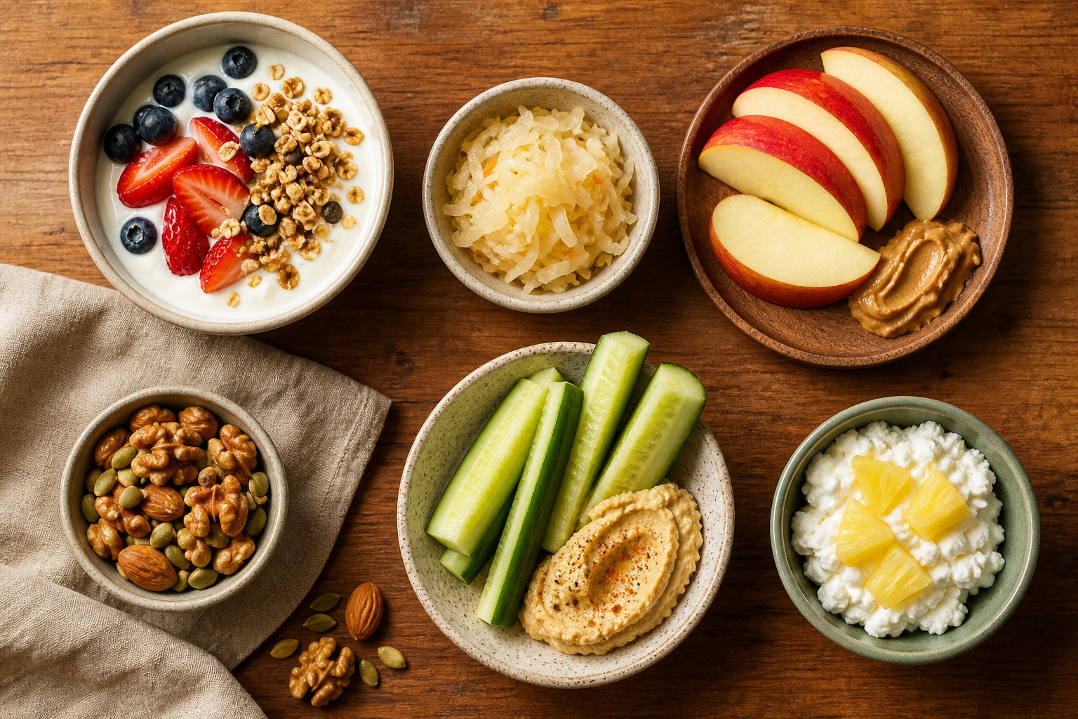 Overhead editorial still life related to 6 Simple Snacks That Are Good for Your Gut on a warm wooden surface