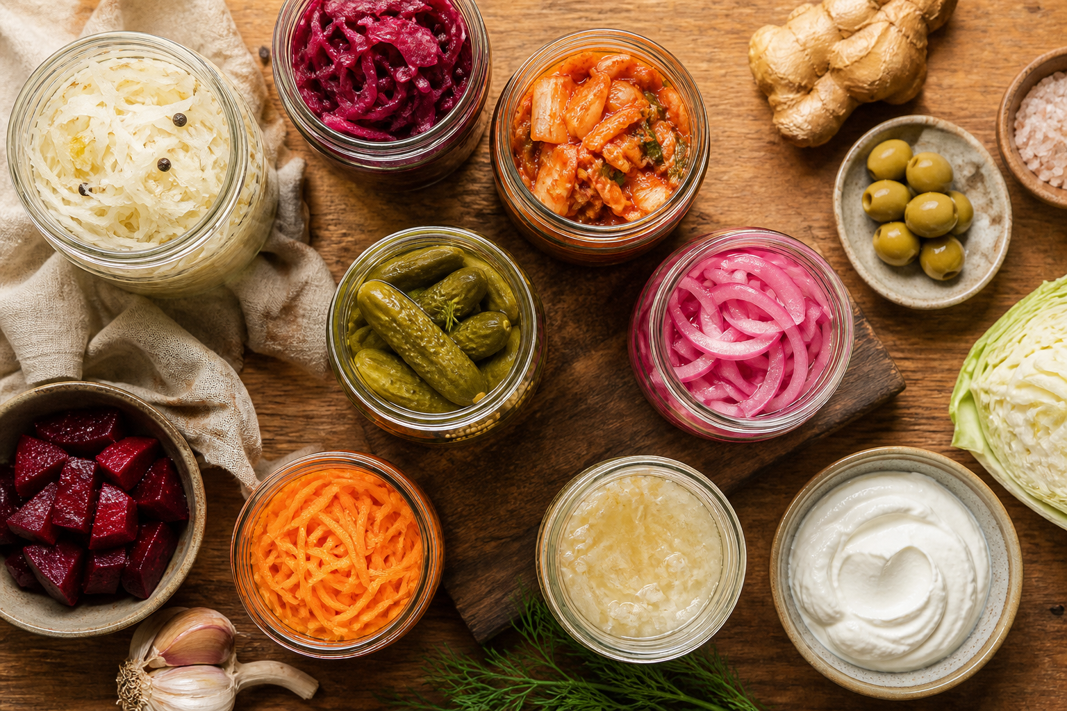 Overhead editorial still life related to A Beginner's Guide to Fermented Foods on a warm wooden surface