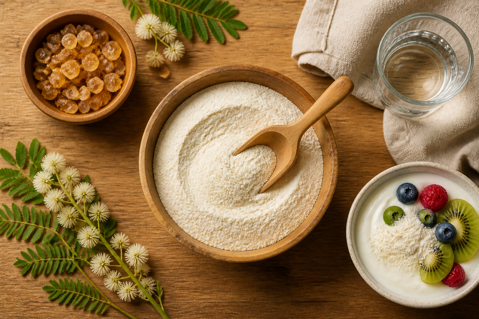 Overhead editorial still life related to Acacia Fiber and Your Gut on a warm wooden surface