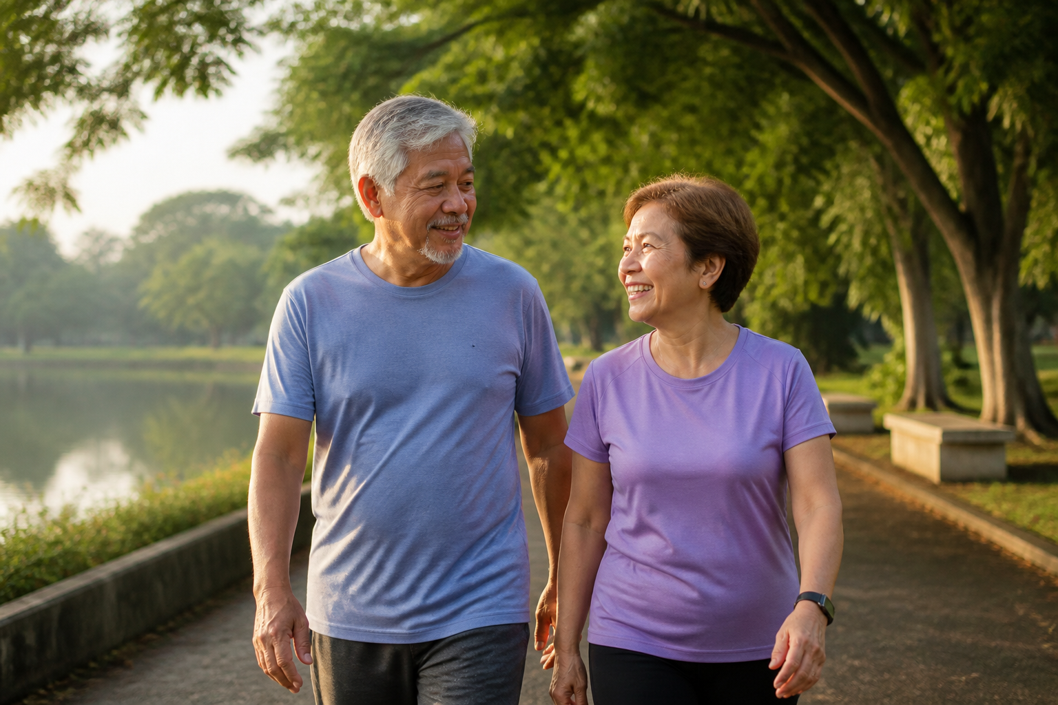 Filipino couple in their 60s taking a morning walk in a park together