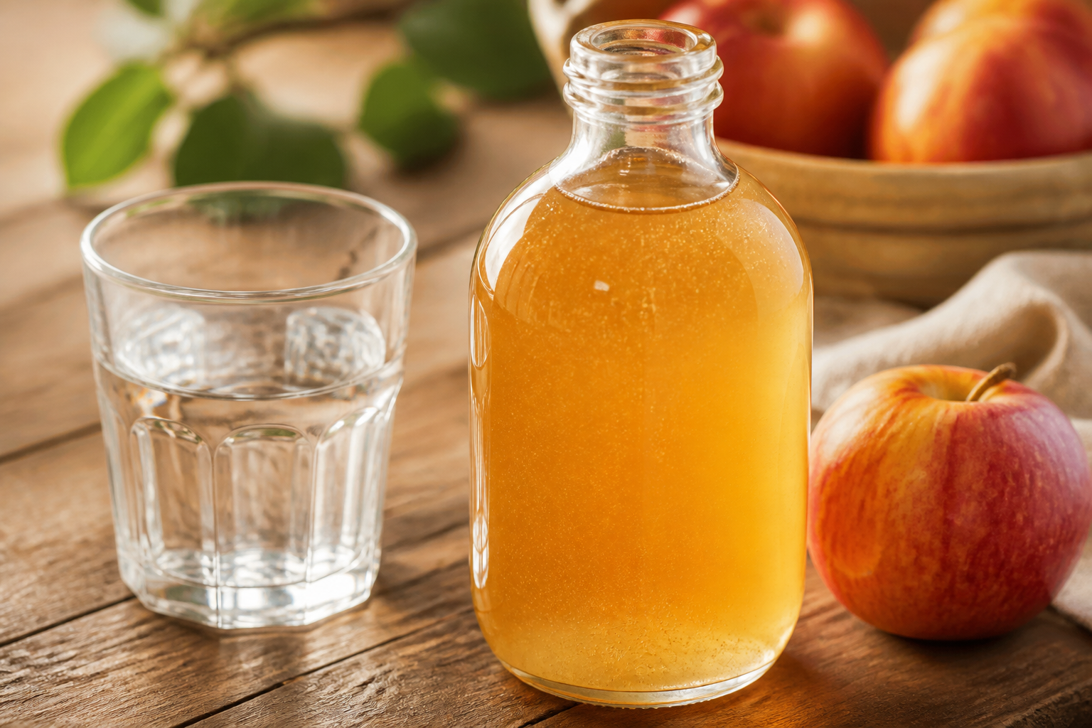 Close-up of a bottle of raw apple cider vinegar with the mother on a wooden surface
