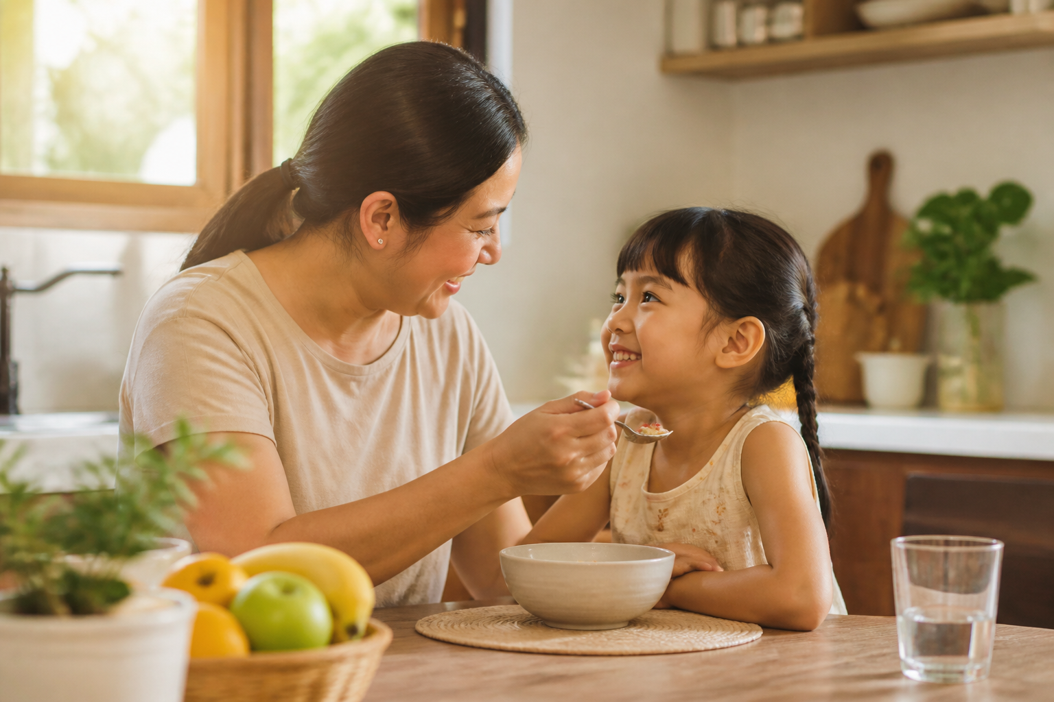 Filipino parent with a child age 6-8 in a warm home kitchen