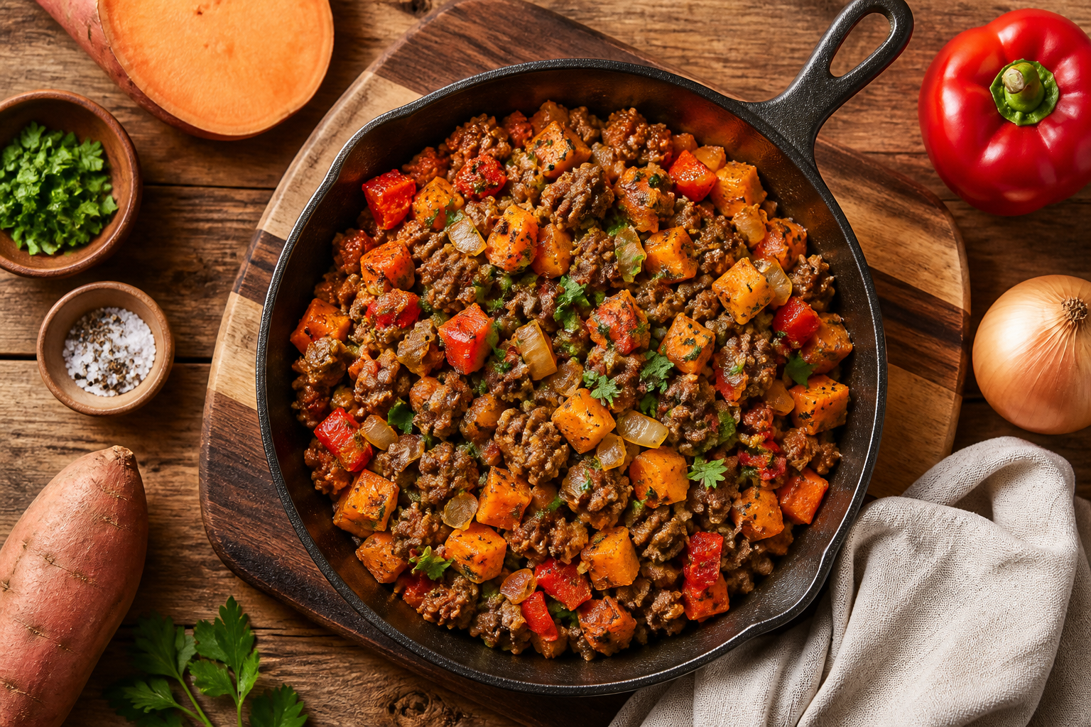 Overhead shot of AIP Beef and Sweet Potato Skillet plated appetizingly in a wooden board