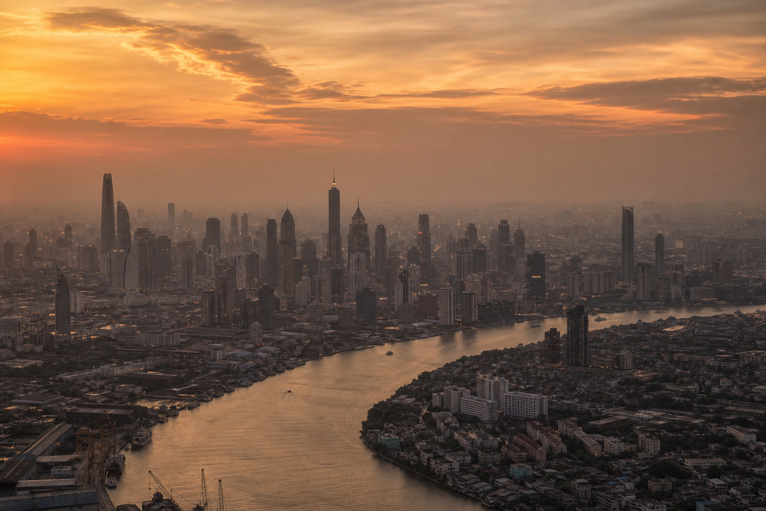 Aerial view of a city skyline with visible haze at dusk