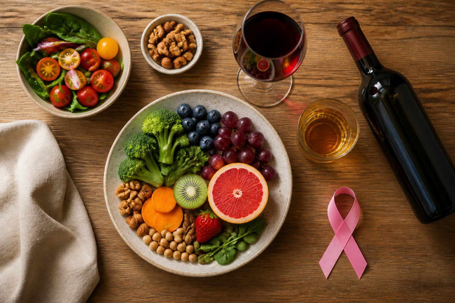 Overhead editorial still life related to Alcohol and Cancer Risk on a warm wooden surface