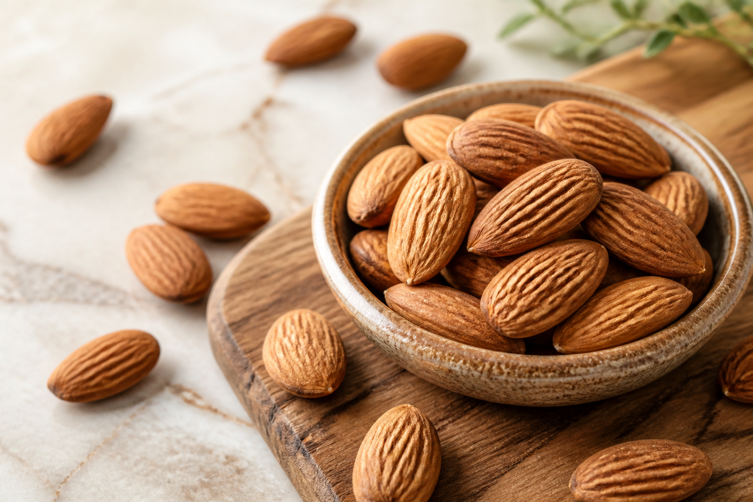 Close-up editorial still life of Almonds on a clean wooden or marble surface