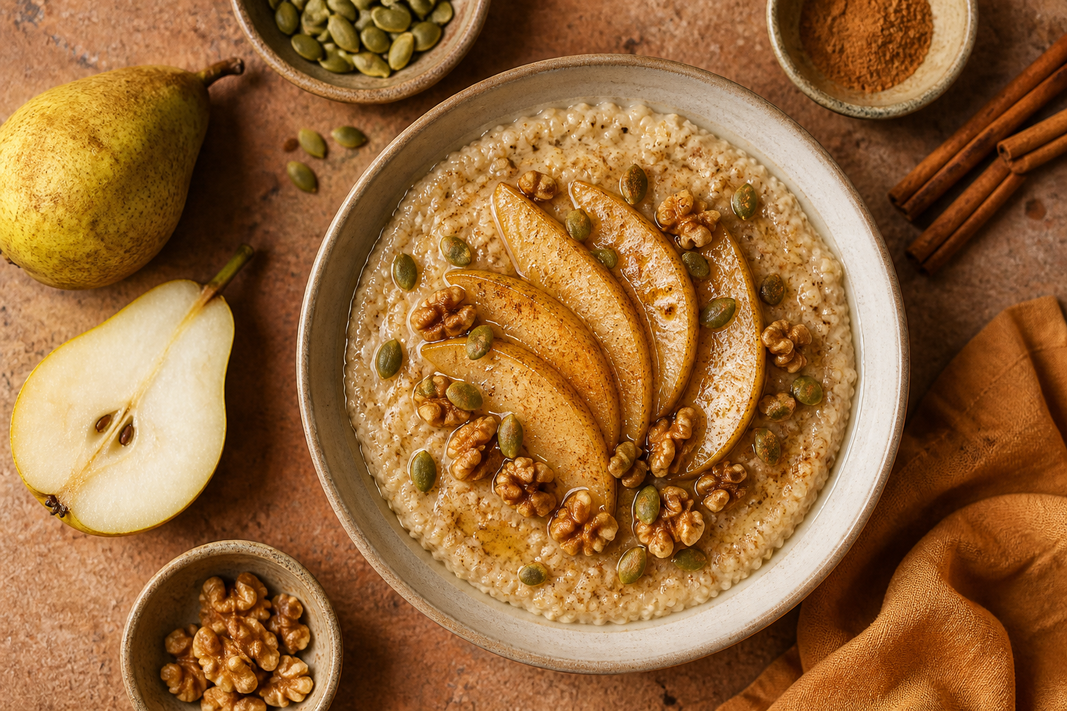 Overhead shot of Amaranth Porridge with Cinnamon Pear plated appetizingly in a ceramic bowl