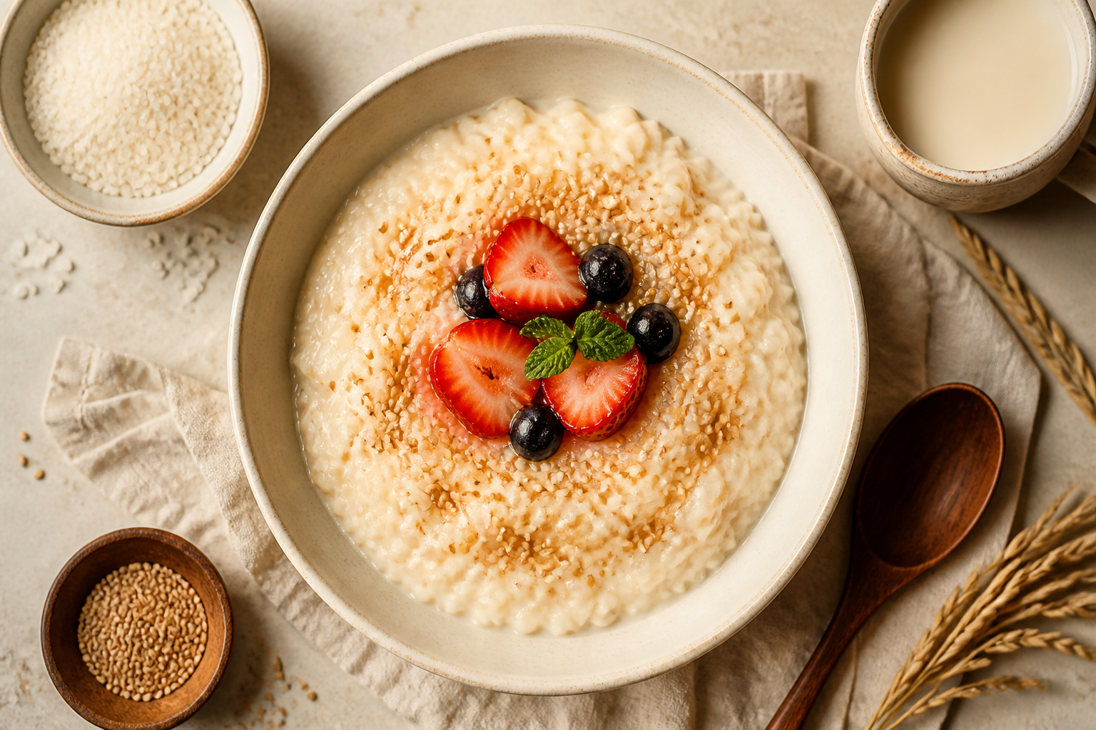 Overhead shot of Amazake Rice Pudding with Toasted Sesame plated appetizingly in a clean plate