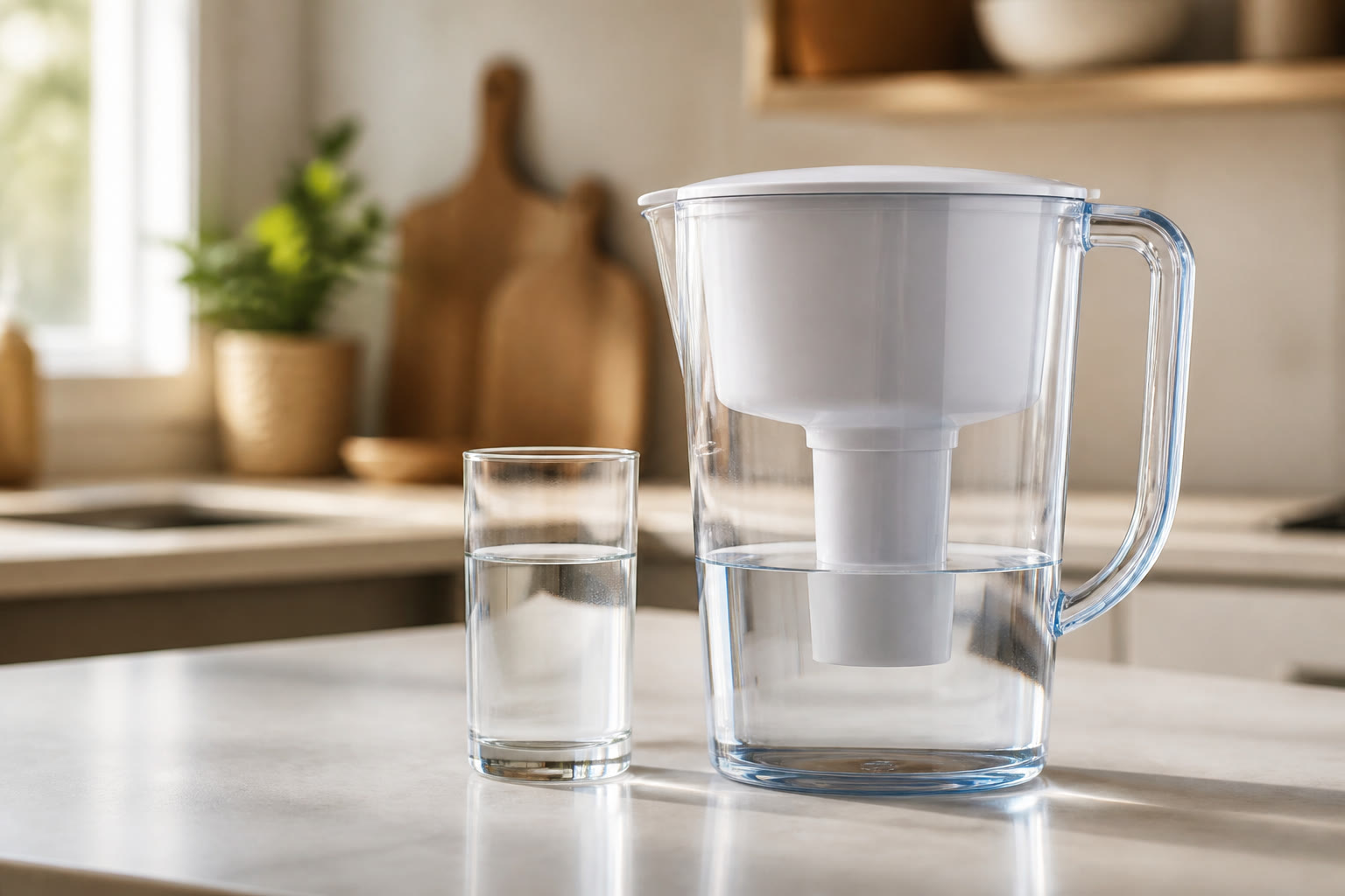 Glass of water beside a filter pitcher on a kitchen counter