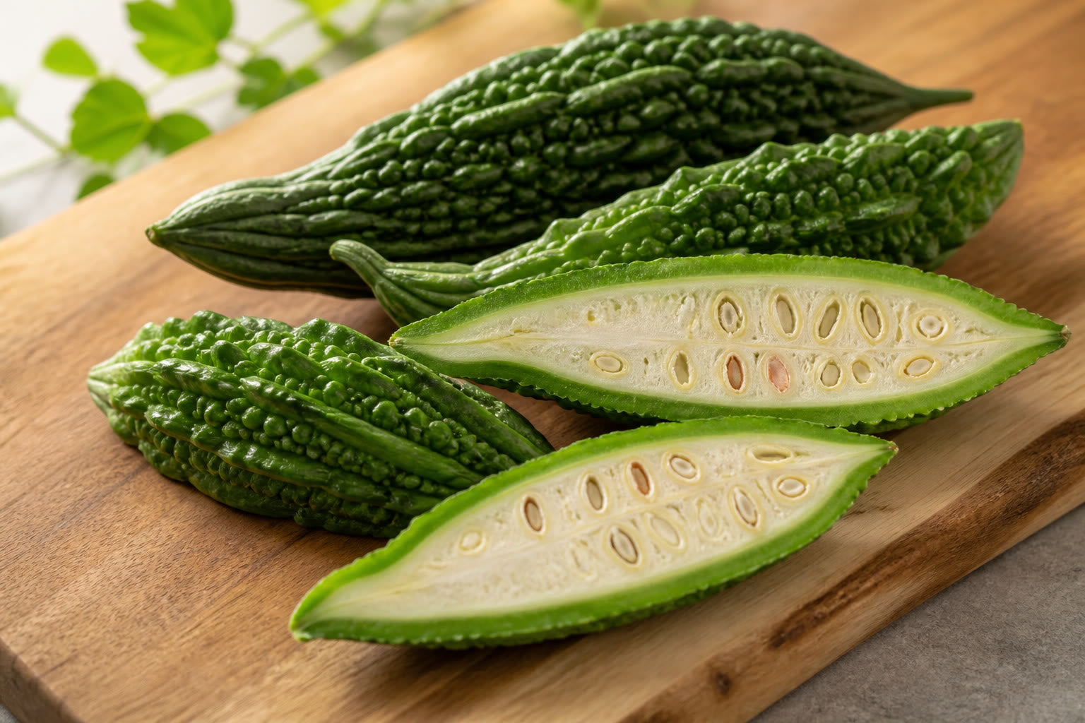 Whole and halved ampalaya bitter melon on a wooden cutting board