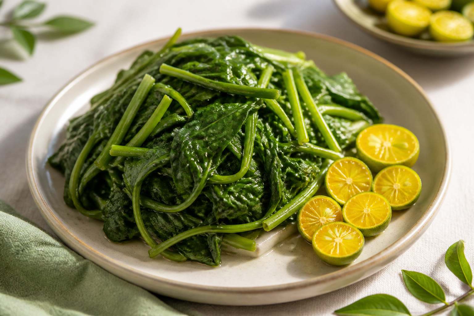 Plate of leafy greens beside halved calamansi