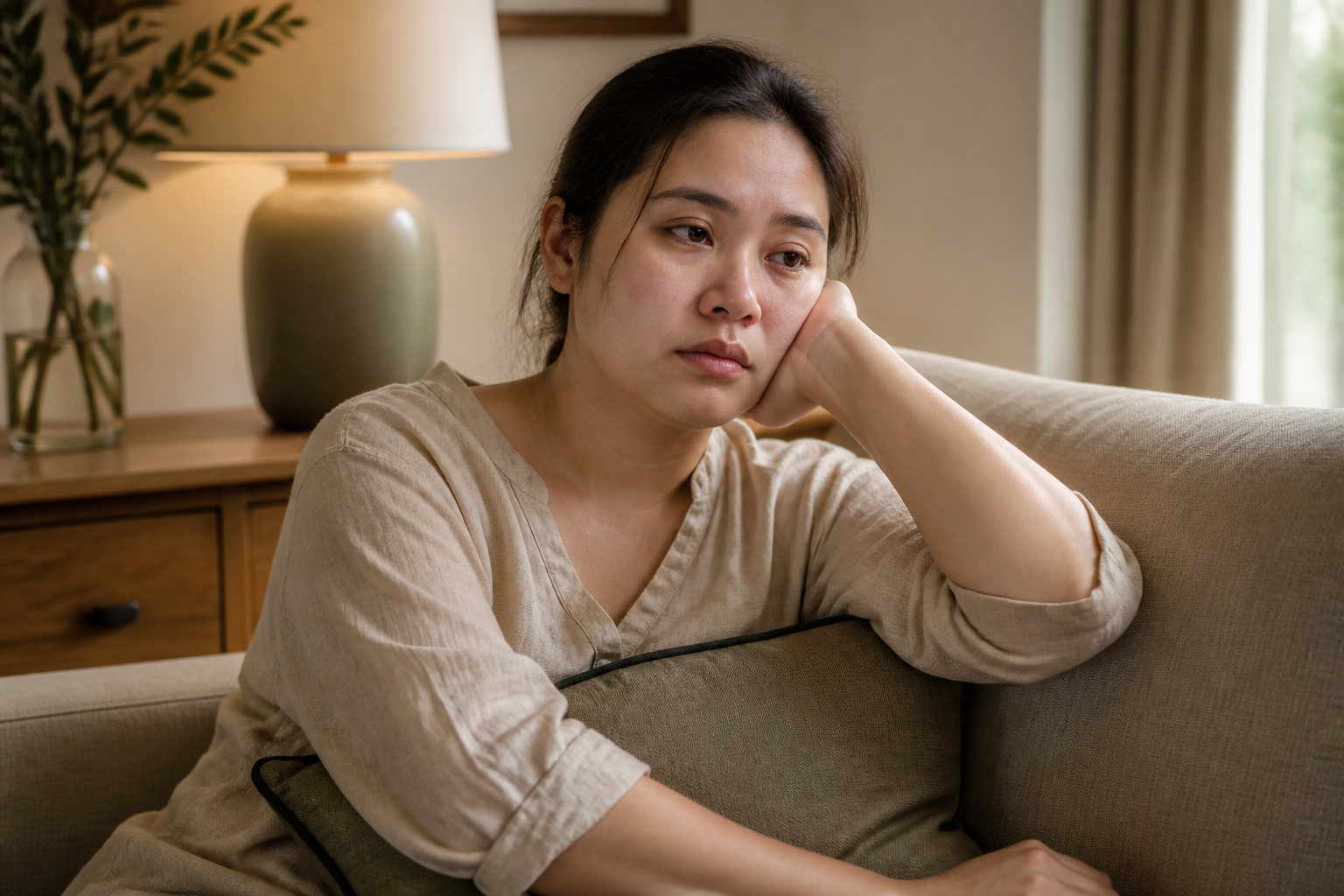 Filipino woman in her 30s looking pale and tired