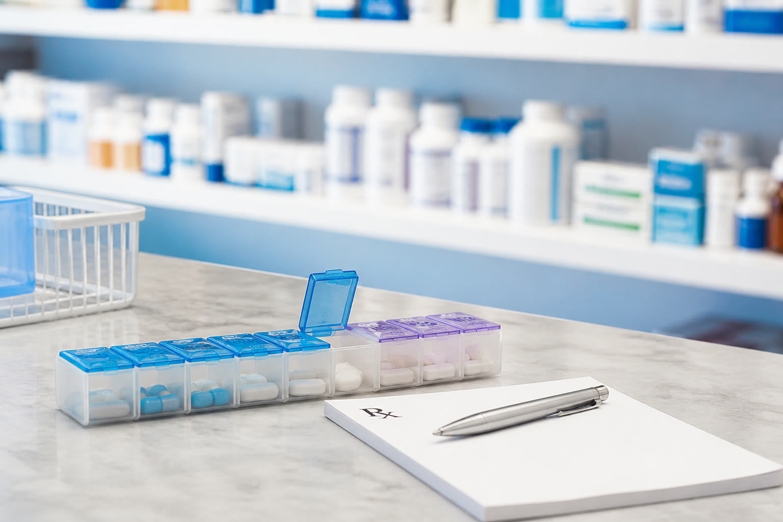 Pharmacy counter with pill organizer and prescription pad
