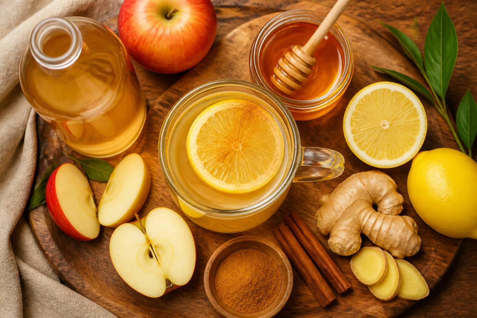 Overhead shot of Apple Cider Vinegar and Honey Tonic plated appetizingly in a wooden board