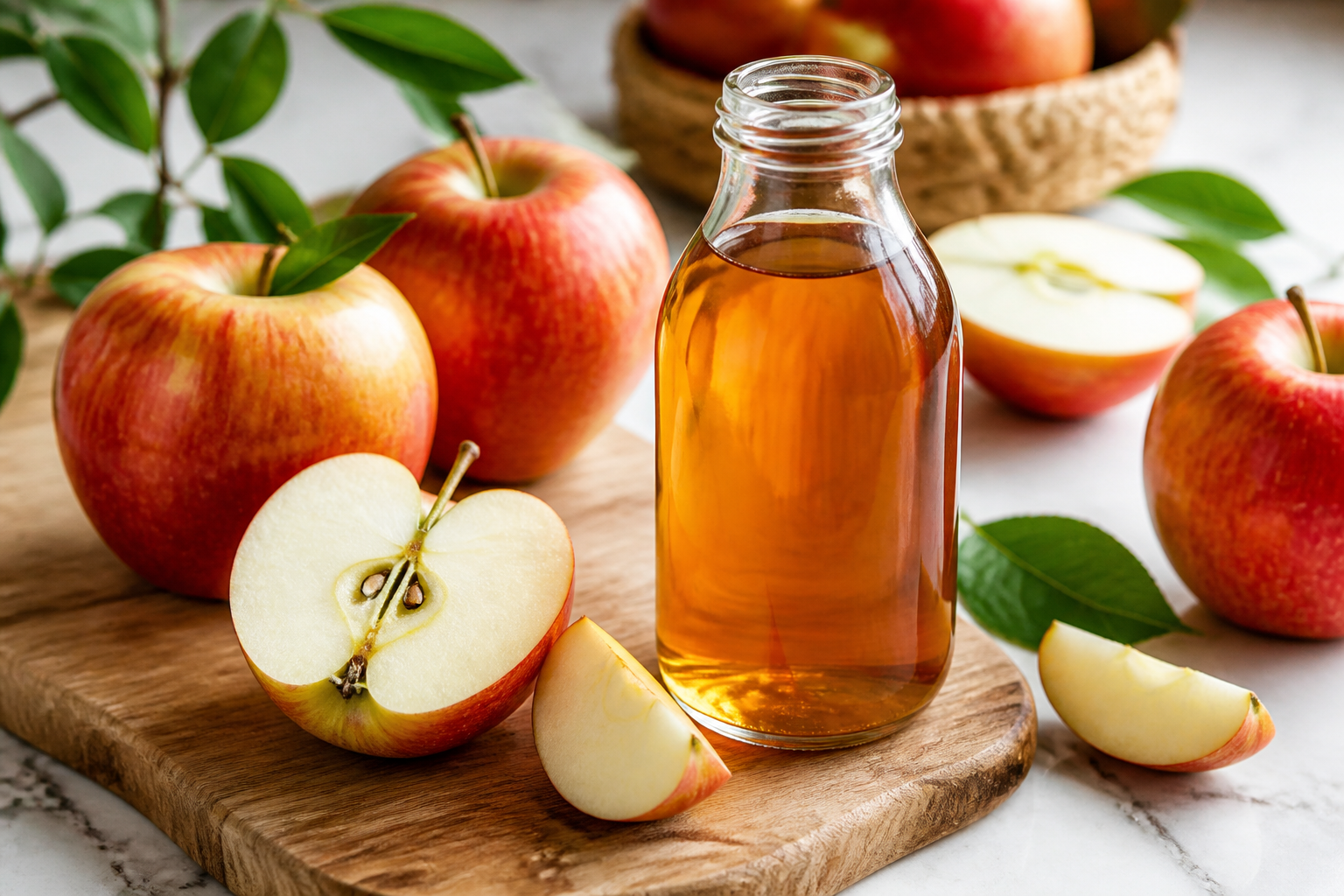 Close-up of Apple Cider Vinegar and Your Gut as fresh whole and cut fruit on a clean wooden or marble surface