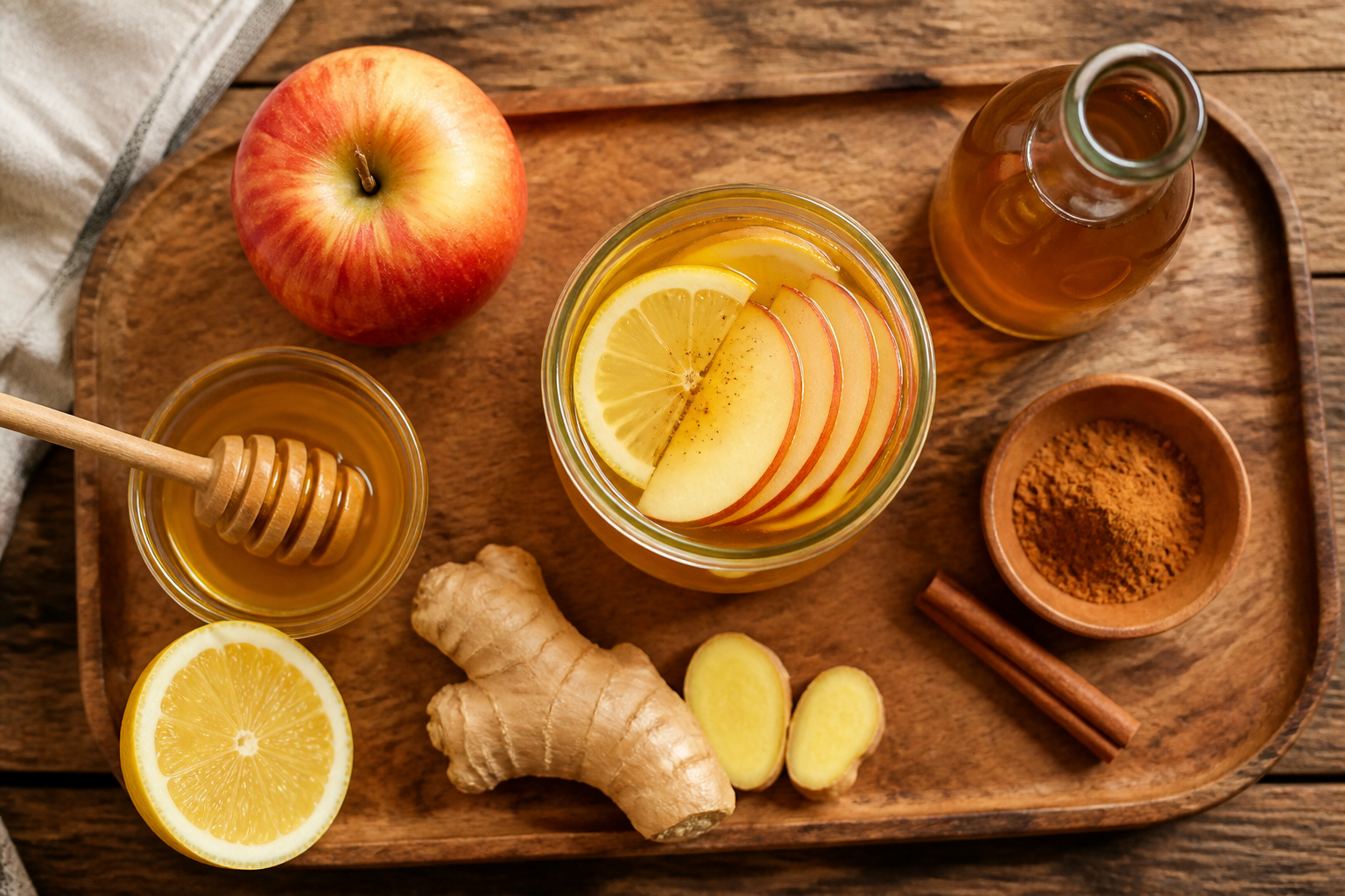 Overhead shot of Apple Cider Vinegar Honey Tonic plated appetizingly in a wooden board
