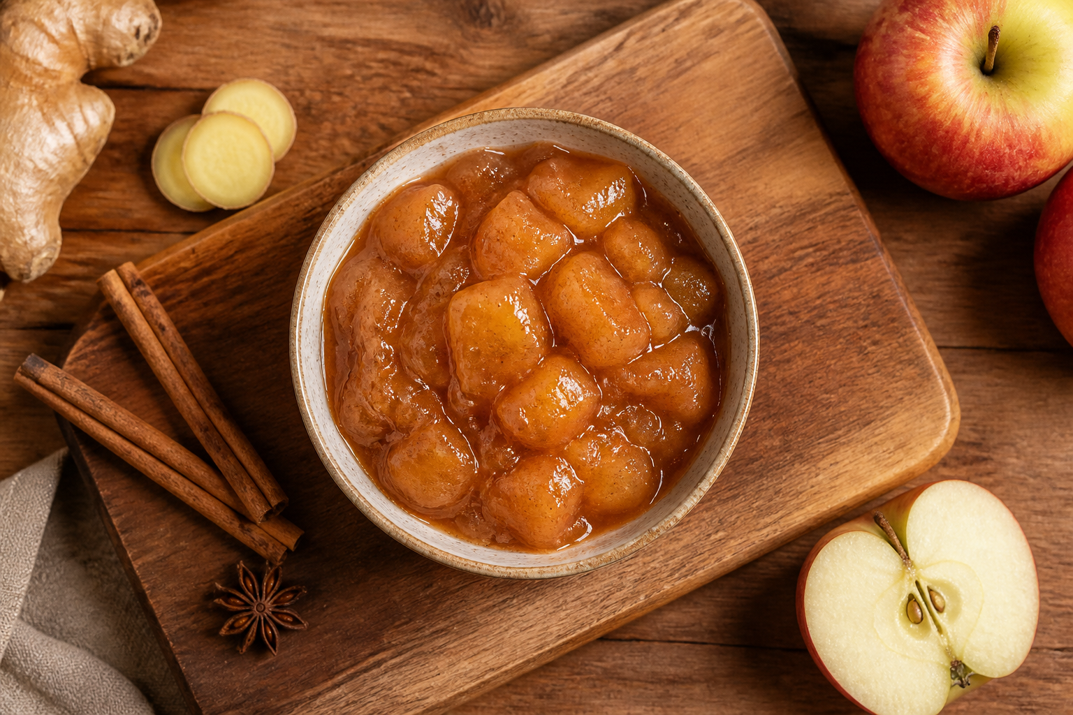Overhead shot of Apple Ginger Compote plated appetizingly in a wooden board