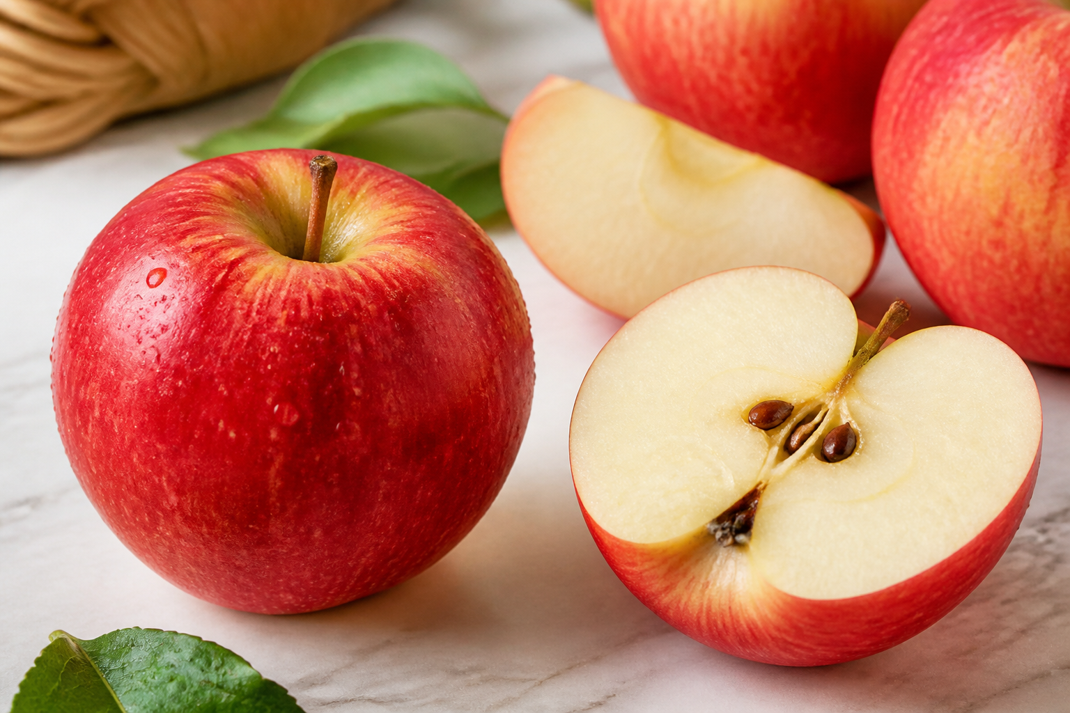 Close-up of Apple as fresh whole and cut fruit on a clean wooden or marble surface