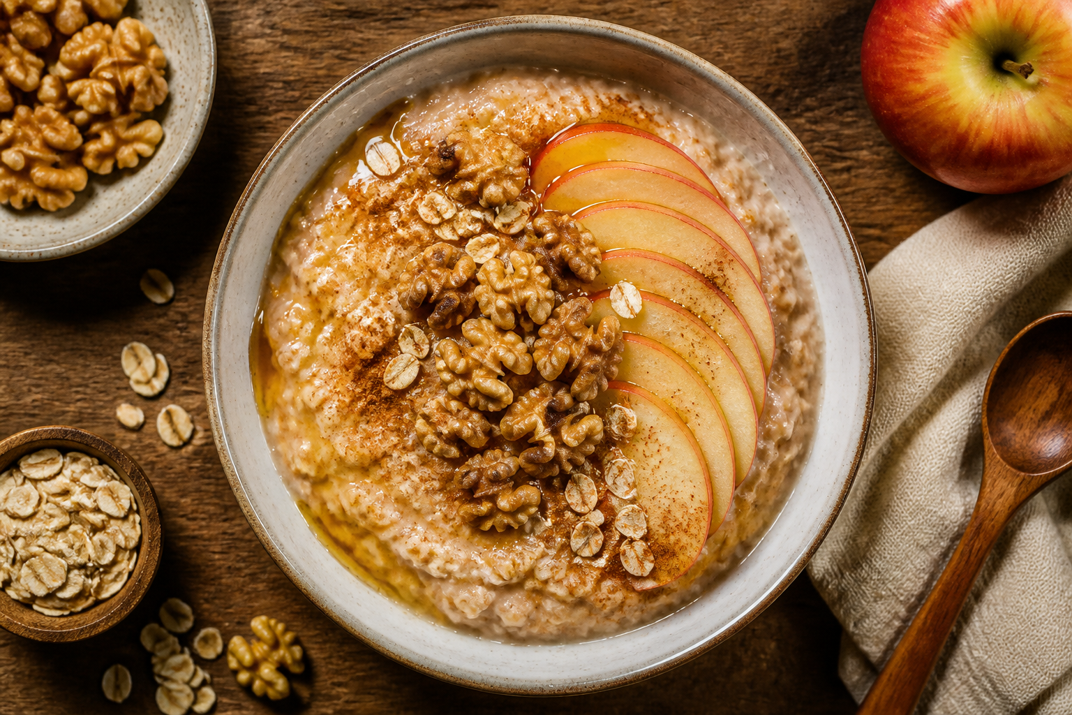 Overhead shot of Apple Walnut Oat Bowl plated appetizingly in a ceramic bowl with toppings visible