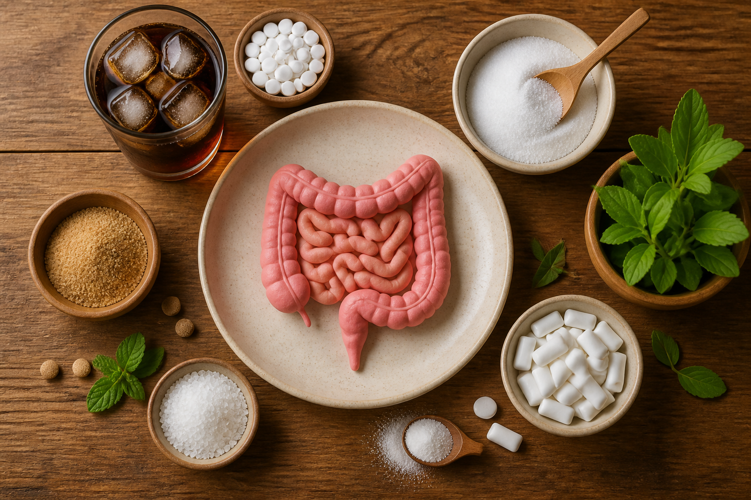 Overhead editorial still life related to Artificial Sweeteners and Your Gut on a warm wooden surface