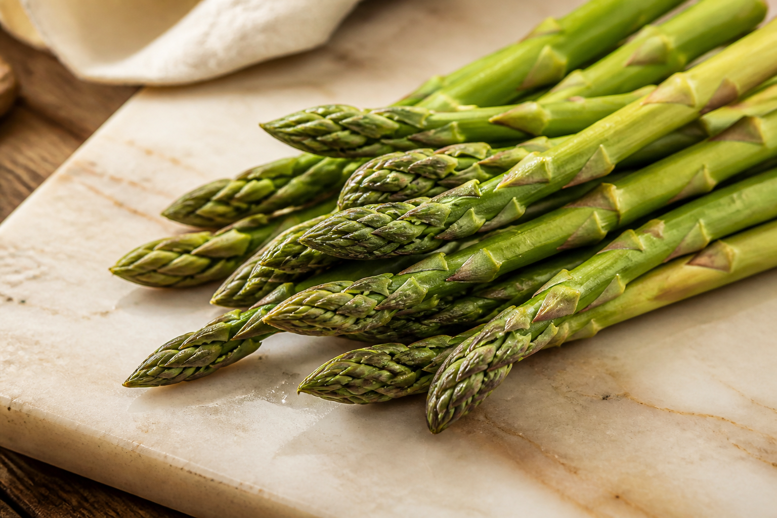 Close-up editorial still life of Asparagus on a clean wooden or marble surface