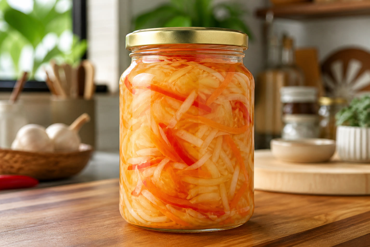 Glass jar of traditional fermented atchara with green papaya in cloudy brine