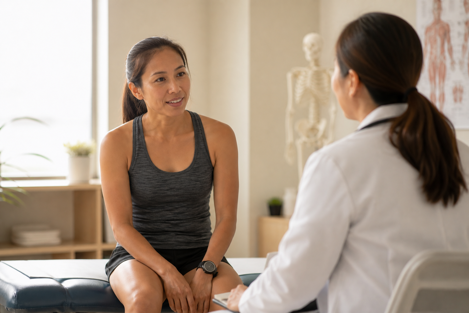 Filipino female runner in her 30s at a sports medicine clinic