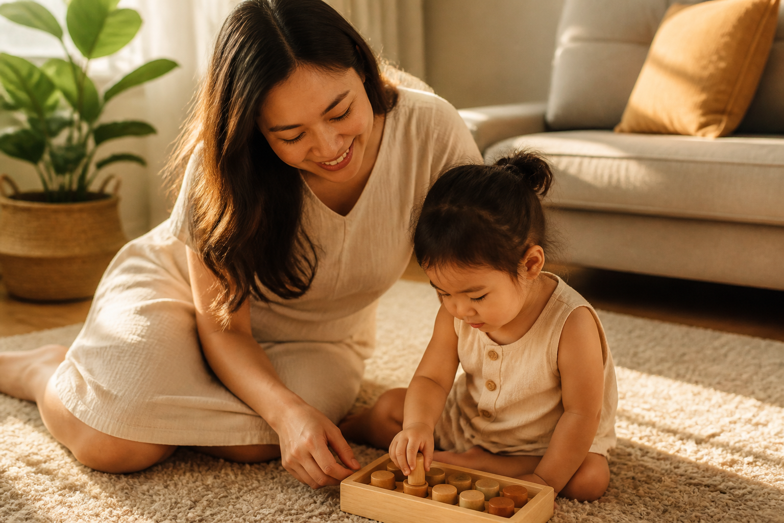 Filipino mother and young child sitting together on a carpet
