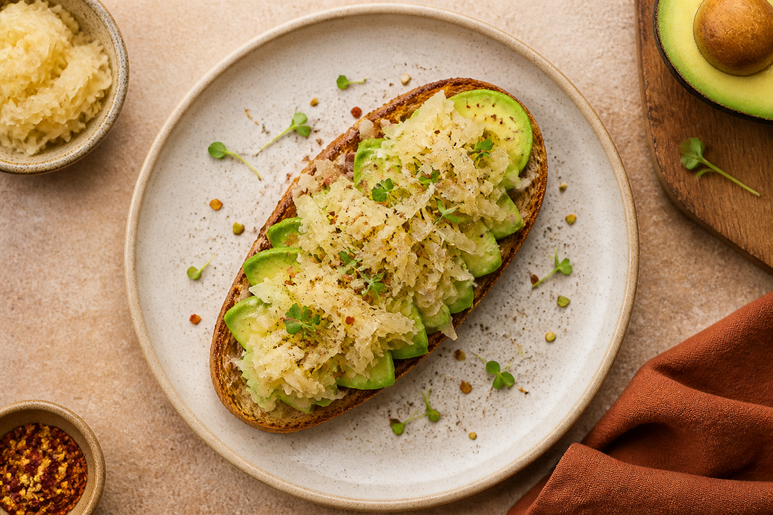 Overhead shot of Avocado and Sauerkraut Toast plated appetizingly in a clean plate