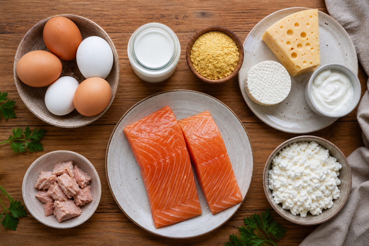 Flat lay of B12-rich foods — eggs