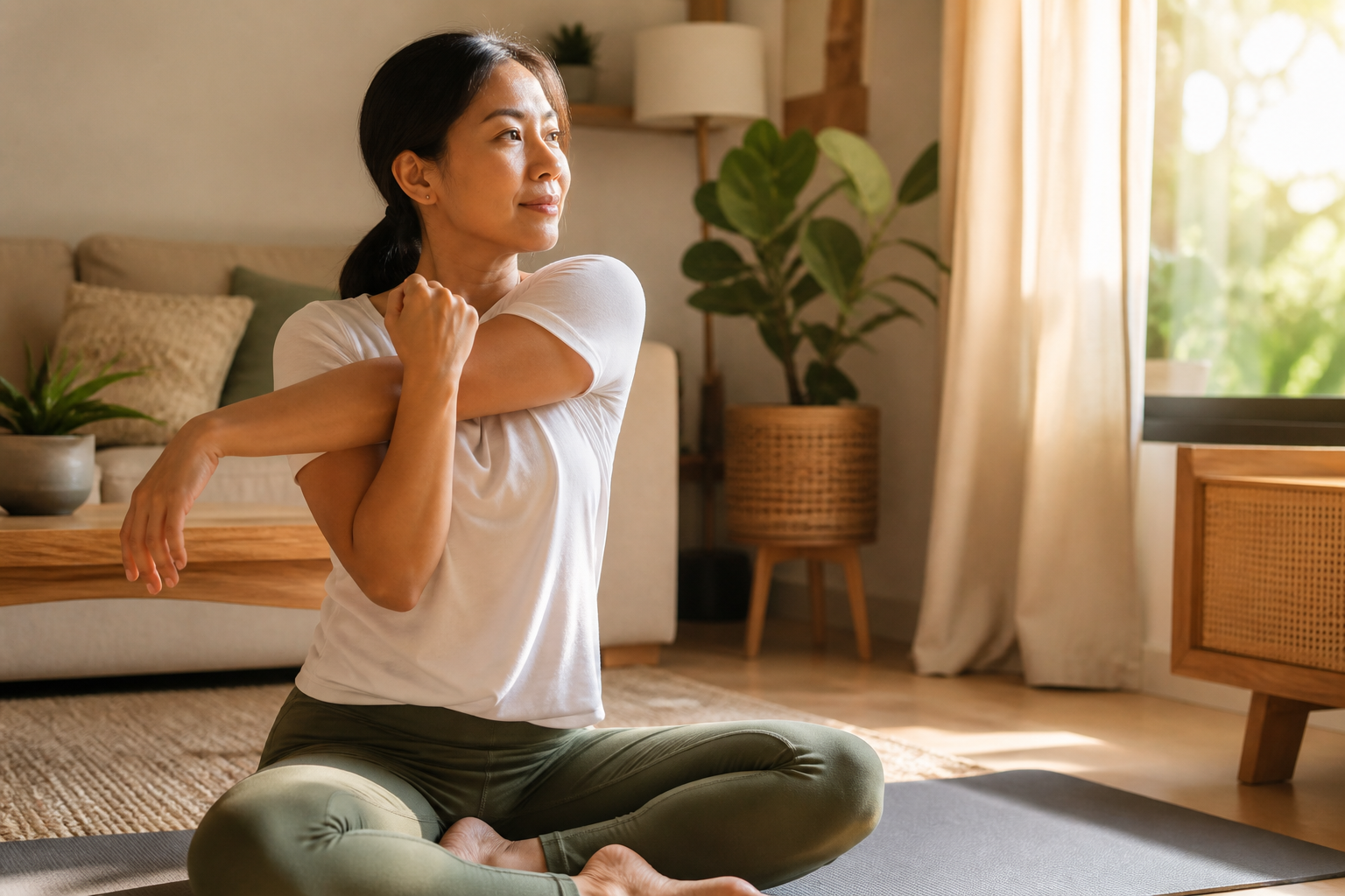 Filipino woman in her 30s doing a gentle stretching routine in a living room
