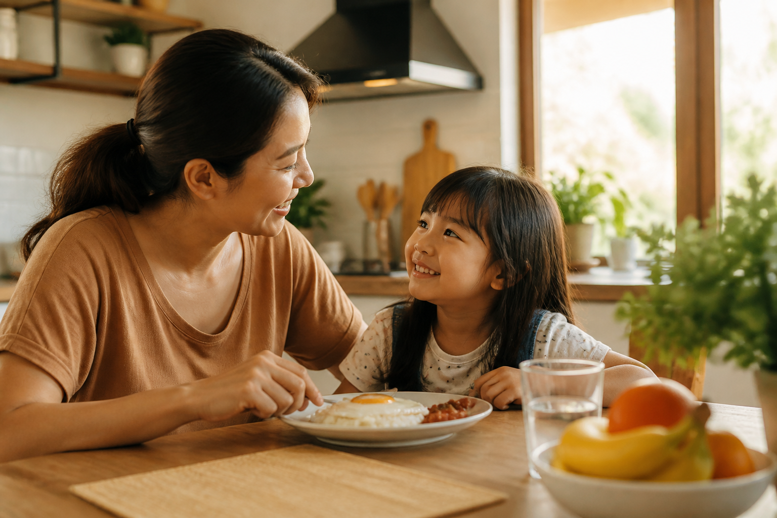 Filipino parent with a child age 6-8 in a warm home kitchen