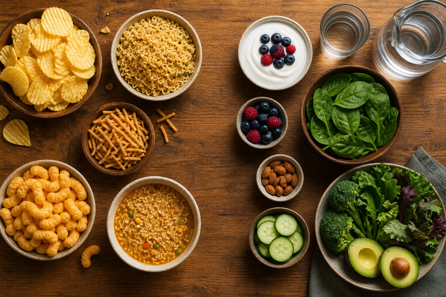 Split flat lay: left side processed snack foods (chips