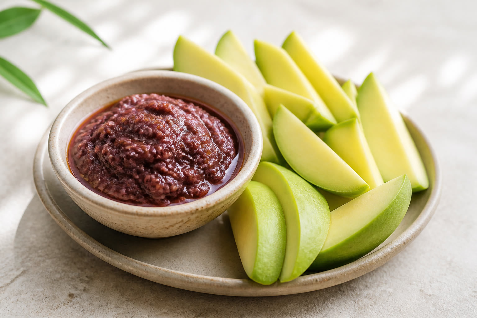 Ceramic dish of bagoong alamang with green mango slices