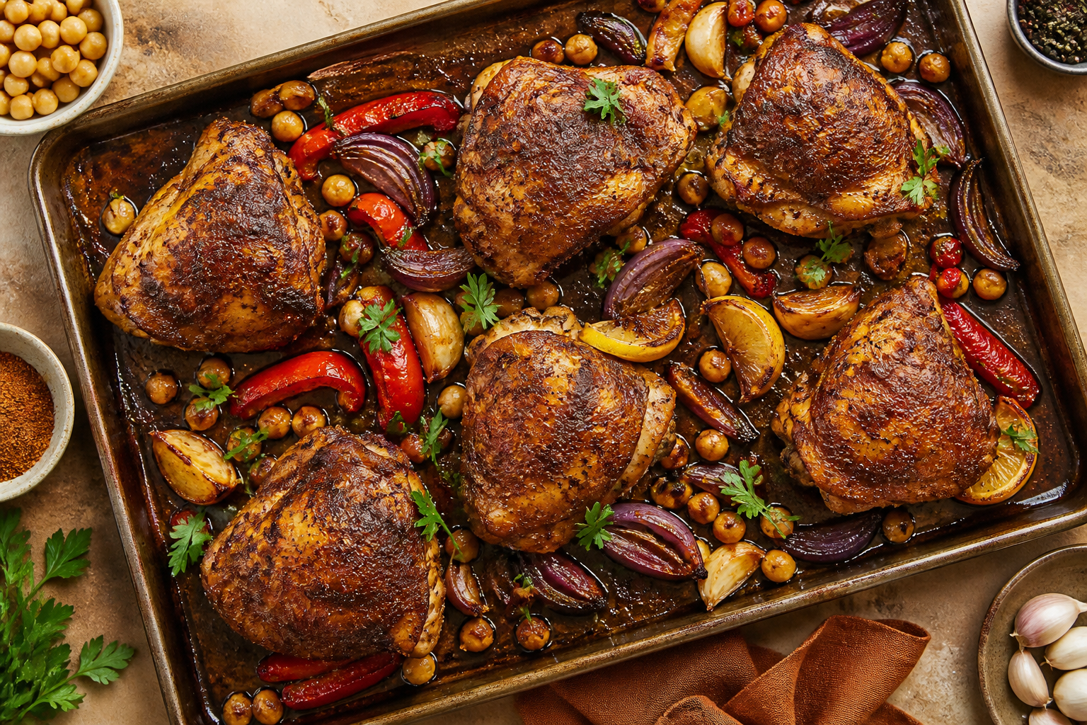Overhead shot of Baharat Roasted Chicken Thighs plated appetizingly in a baking tray
