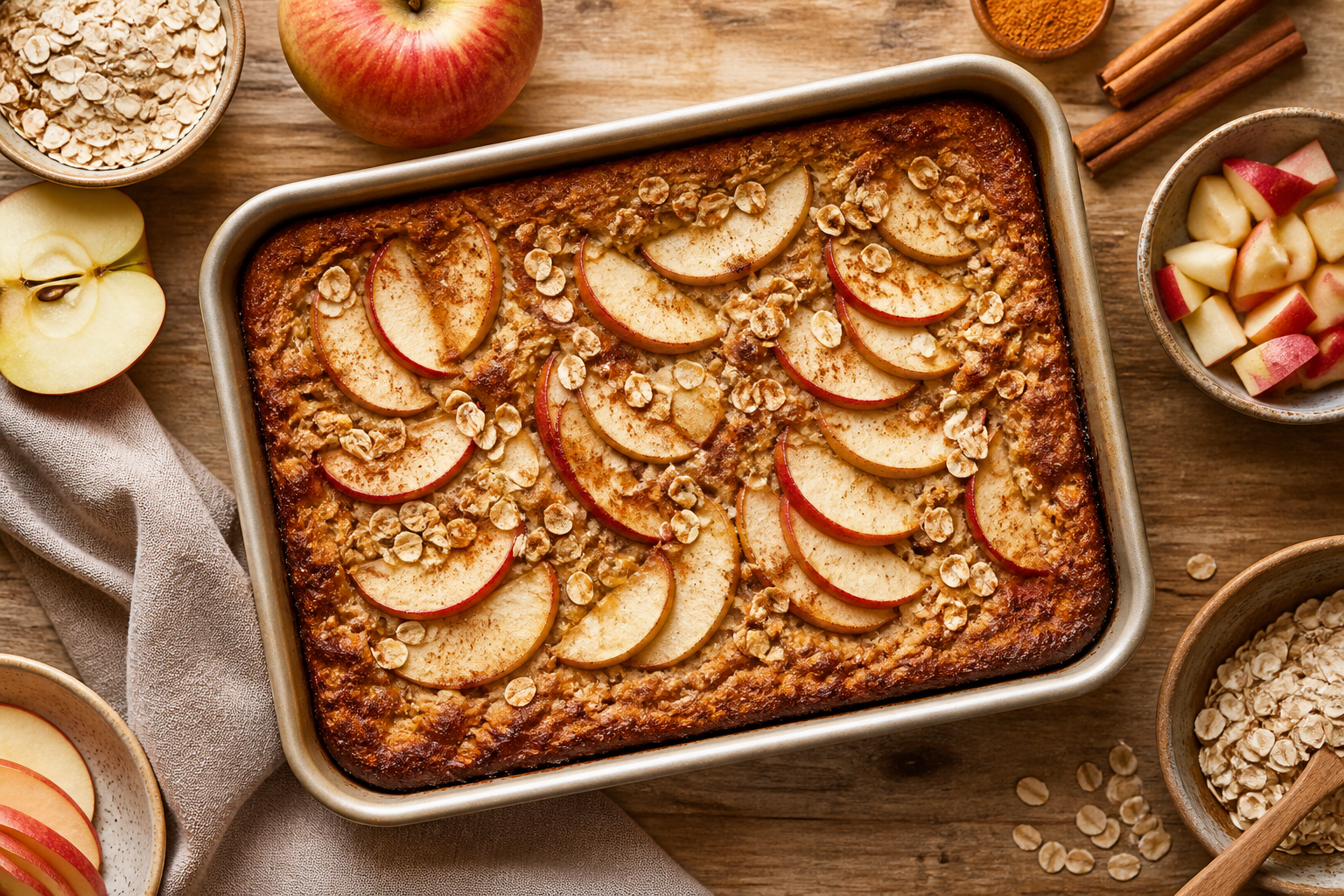 Overhead shot of Baked Apple Oat Pancake plated appetizingly in a baking tray