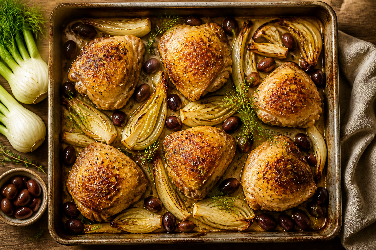 Overhead shot of Baked Chicken Thighs with Fennel and Olives plated appetizingly in a baking tray