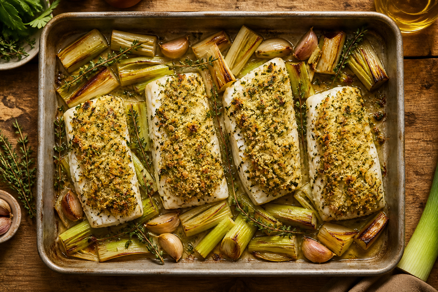 Overhead shot of Baked Cod with Herb Crust and Roasted Leeks plated appetizingly in a baking tray
