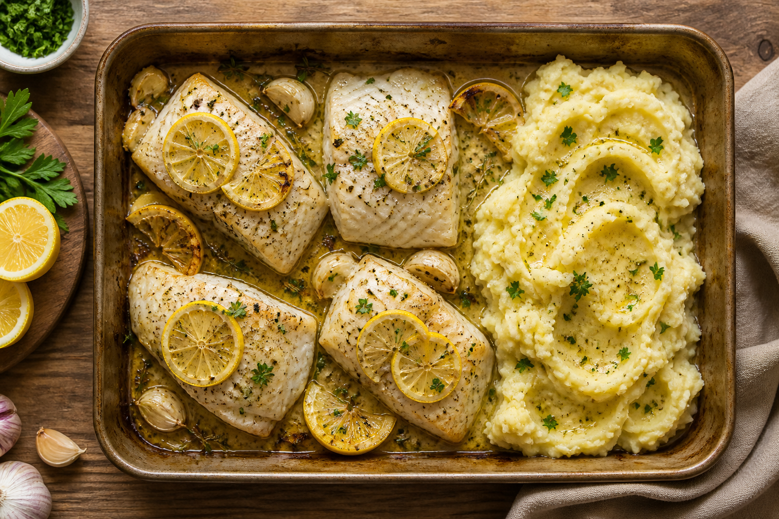 Overhead shot of Baked Cod with Lemon and Mashed Potatoes plated appetizingly in a baking tray