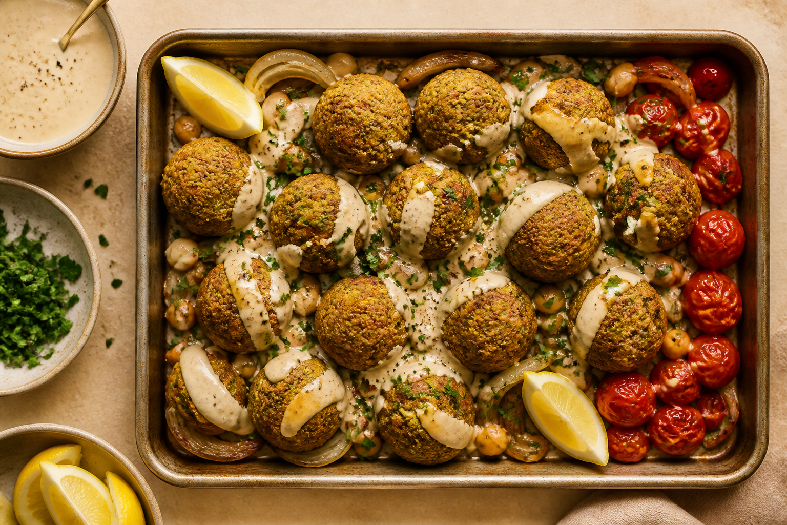 Overhead shot of Baked Falafel with Tahini Sauce plated appetizingly in a baking tray