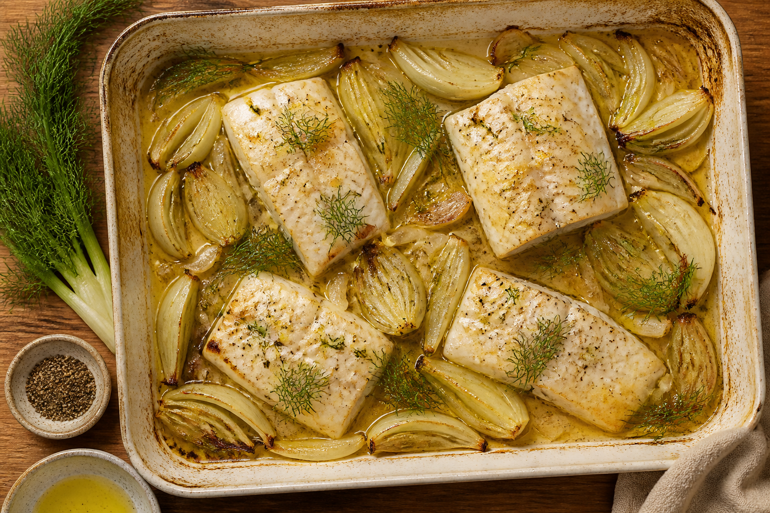 Overhead shot of Baked Halibut with Fennel and Olive Oil plated appetizingly in a baking tray