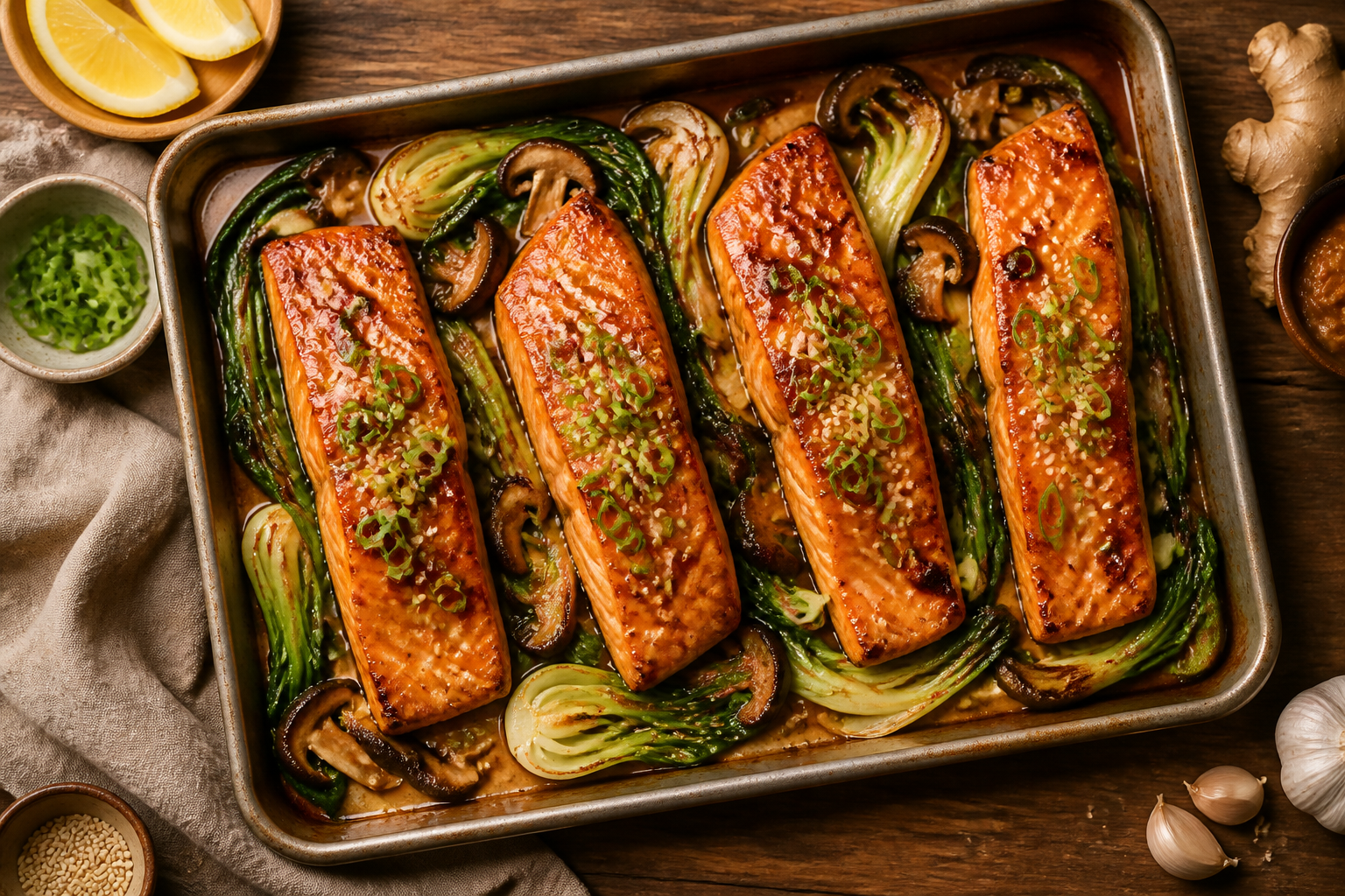 Overhead shot of Baked Miso Salmon plated appetizingly in a baking tray