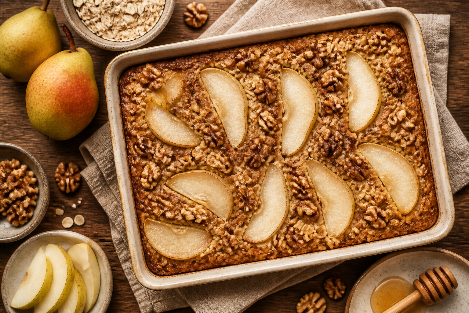 Overhead shot of Baked Oatmeal with Pear and Walnuts plated appetizingly in a baking tray
