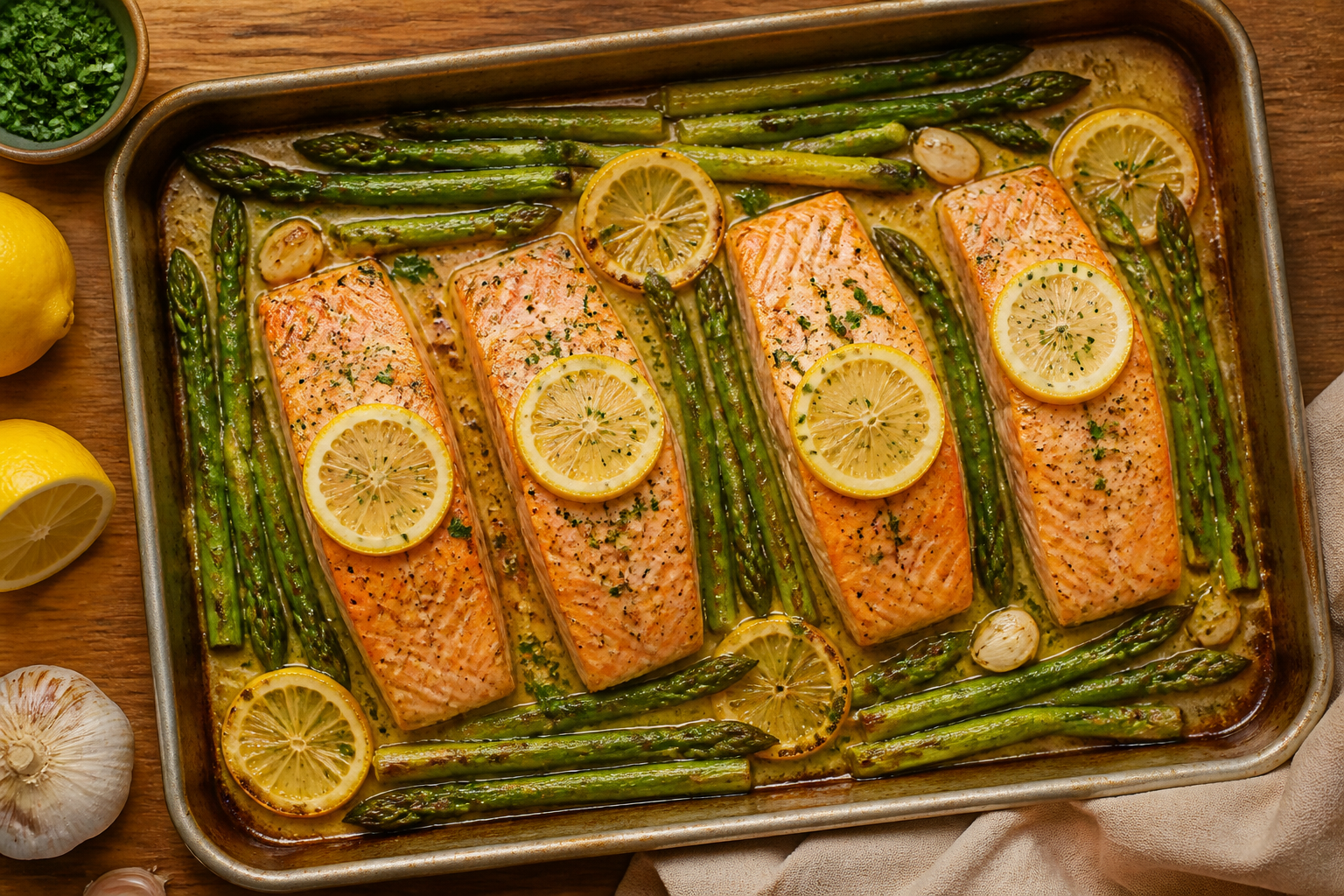 Overhead shot of Baked Salmon with Asparagus and Lemon Butter plated appetizingly in a baking tray
