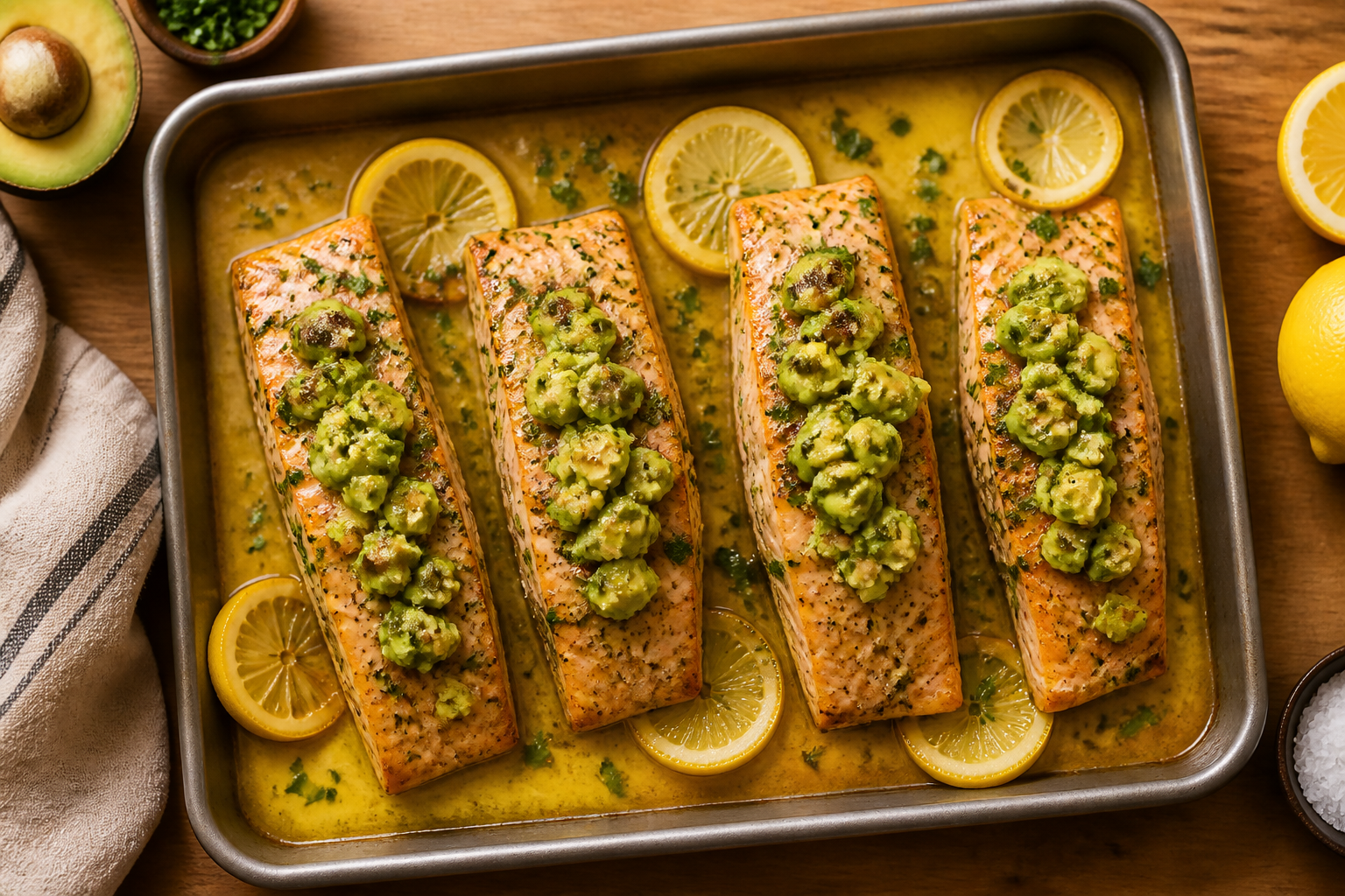 Overhead shot of Baked Salmon with Avocado Lemon Butter plated appetizingly in a baking tray